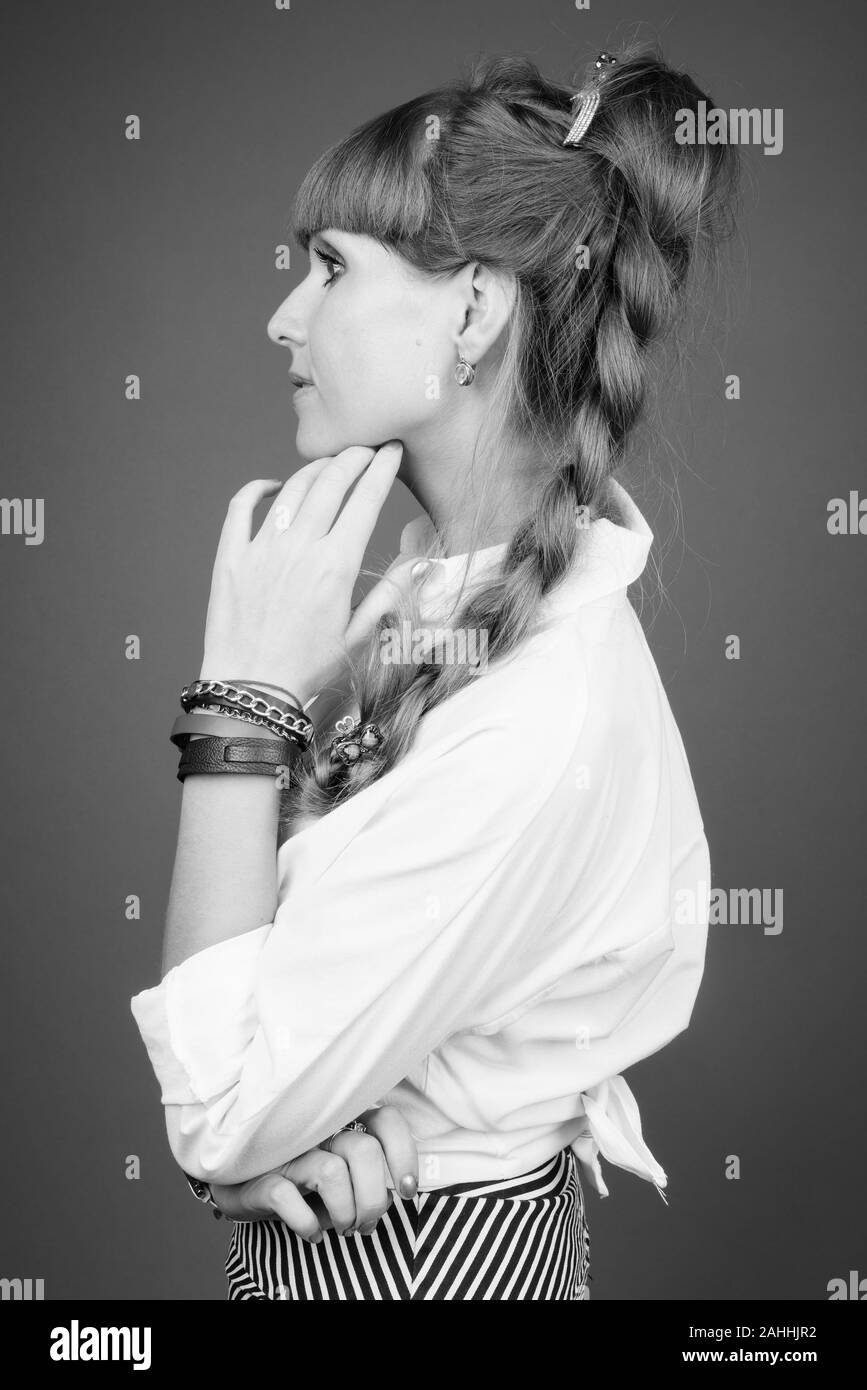 Portrait of young beautiful businesswoman in black and white Stock ...