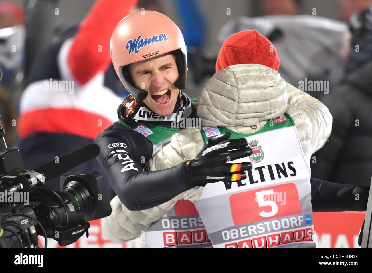 Karl GEIGER (GER), jubilation, joy, enthusiasm with Markus EISENBICHLER (GER, right), about 2nd place, ski jumping, 68th International Four Hills Tournament 2019/20. Opening competition in Oberstdorf, AUDI ARENA on December 29th, 2019. | usage worldwide Stock Photo