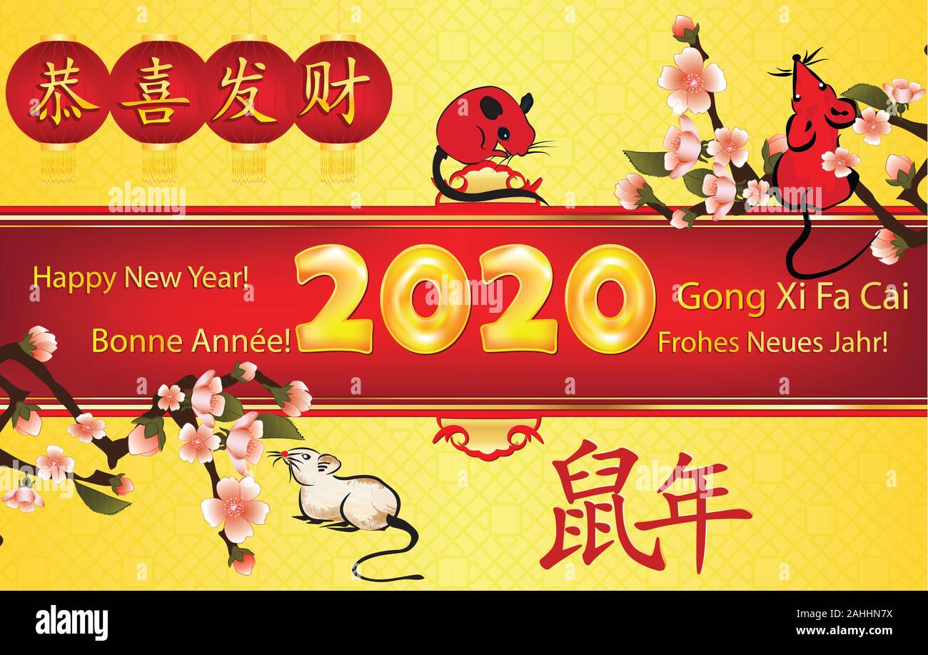 Happy Chinese New Year 2020! - greeting card with text in many languages. Ideograms translation: Congratulations and get rich. Year of the Rat. Stock Photo