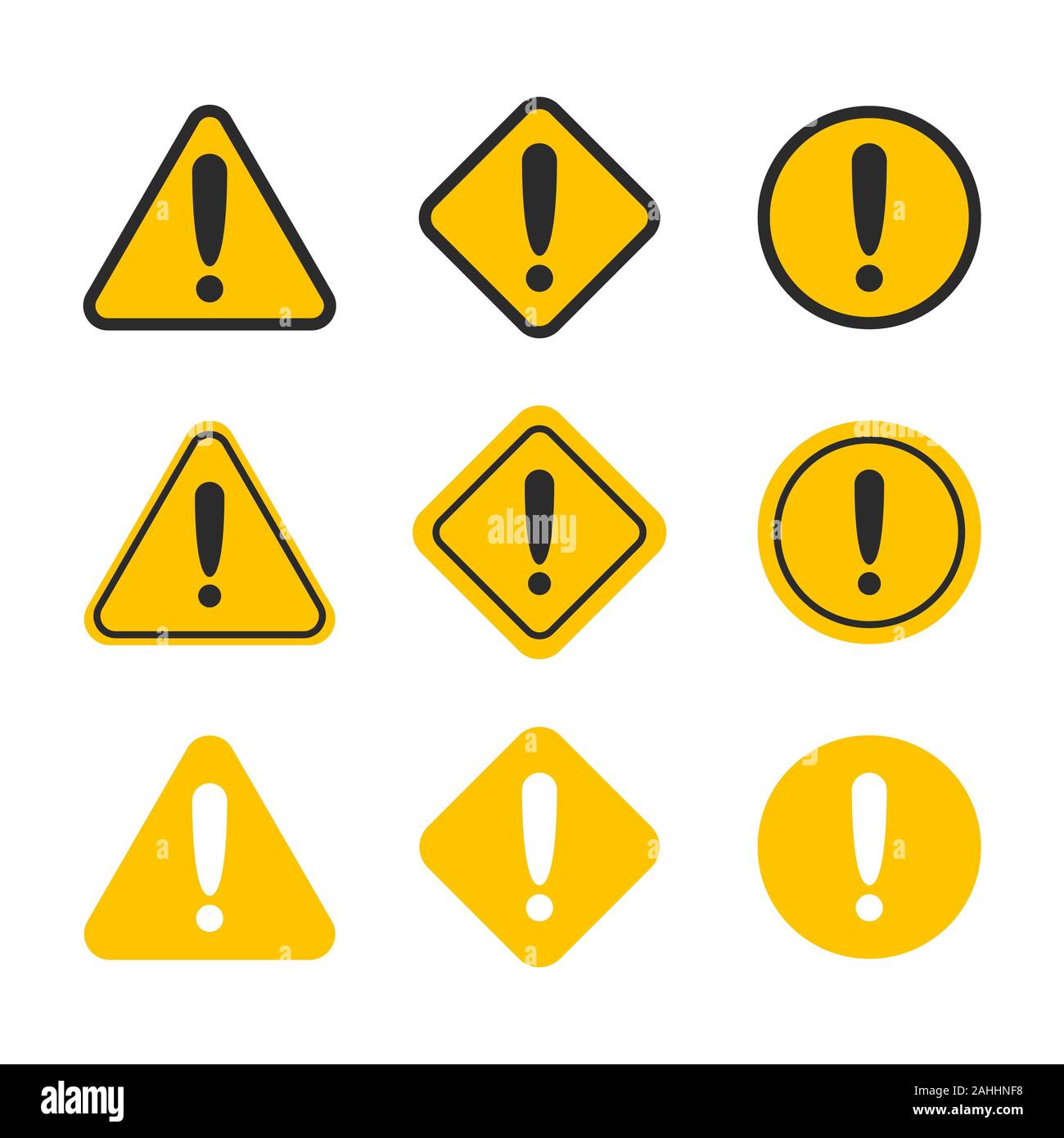 Caution alarm set. Danger sign collection. Attention icon. Yellow and red fatal error message element. Stock Photo