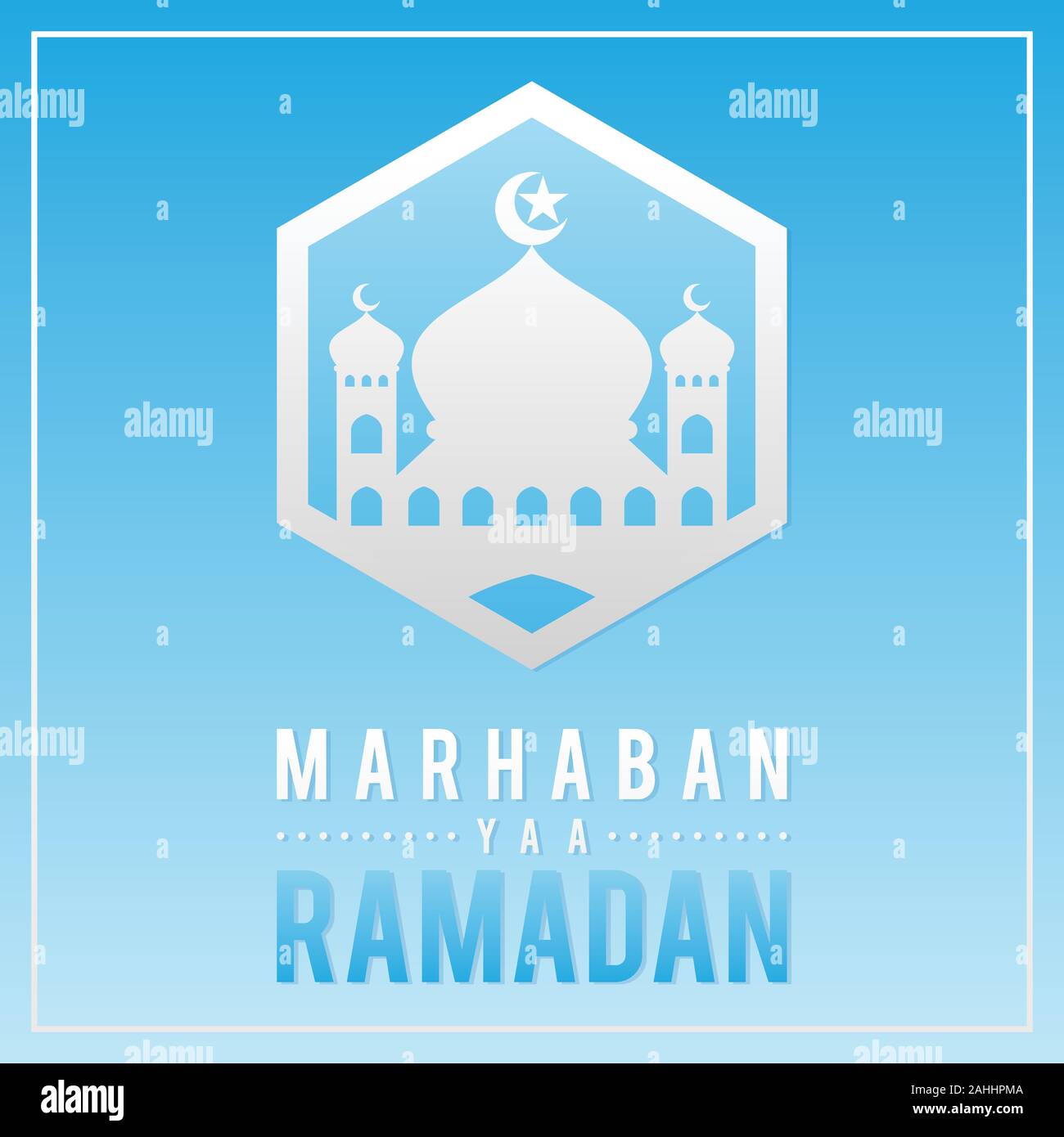 Letter vector marhaban yaa ramadan with mosque symbol on the blue background. Emblem background in theme ramadan kareem. Vector illustration EPS.8 EPS Stock Vector