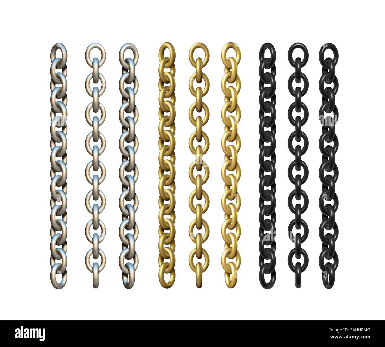 Gold, silver and black metal chains. 3d realistic vector Stock Vector