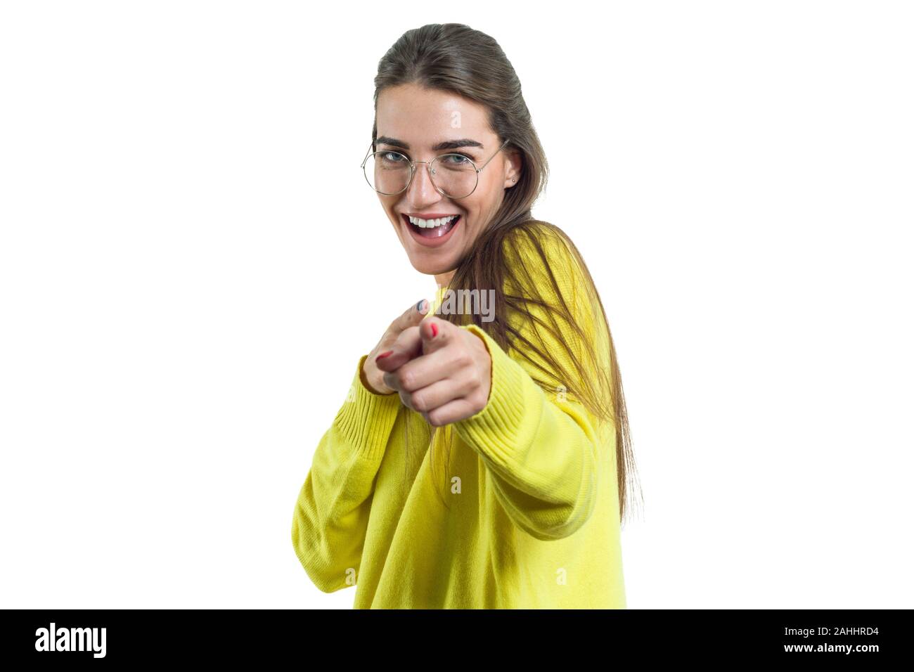 Young charming woman in glasses yellow clothes on white isolated ...