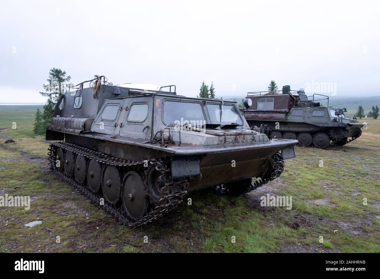 Two Gazushka's parked in  in the Land of Hope Nenet camp, Siberia, Russia Stock Photo