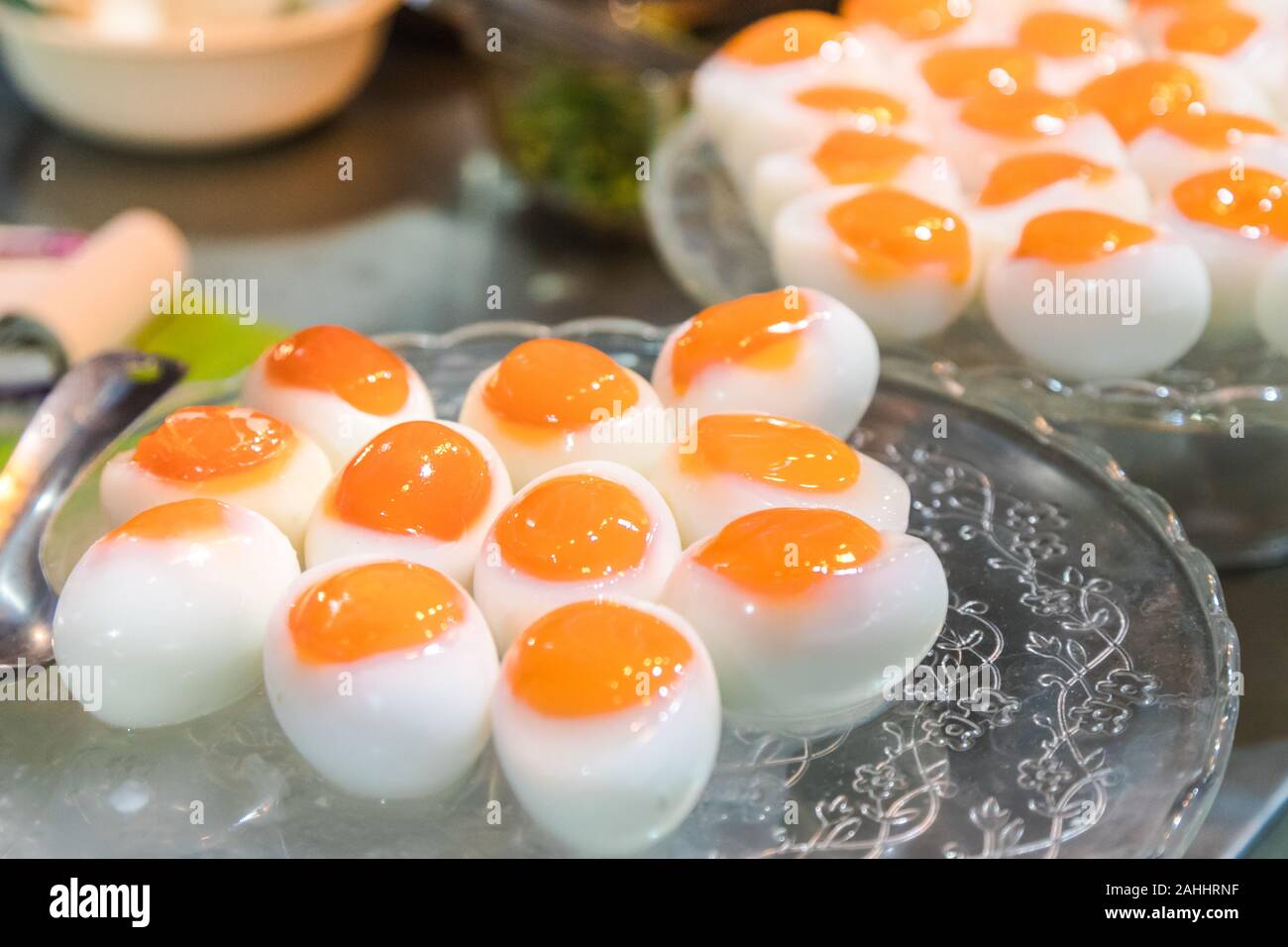 Medium-boiled egg full ball that showing beautiful yolk Stock Photo