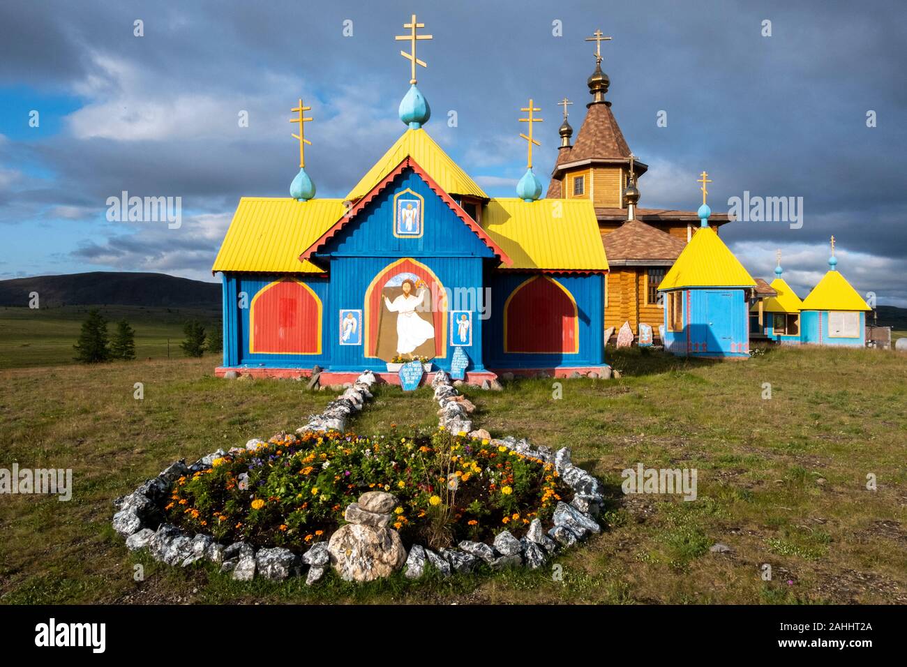 Saint Michael the Archangel church in the Land of Hope Nenet camp, Siberia, Russia Stock Photo