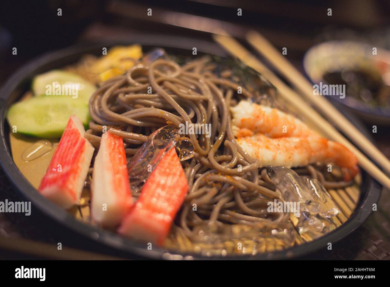 Soba with sea food, cold noodle from Japan serve with crab and shimp