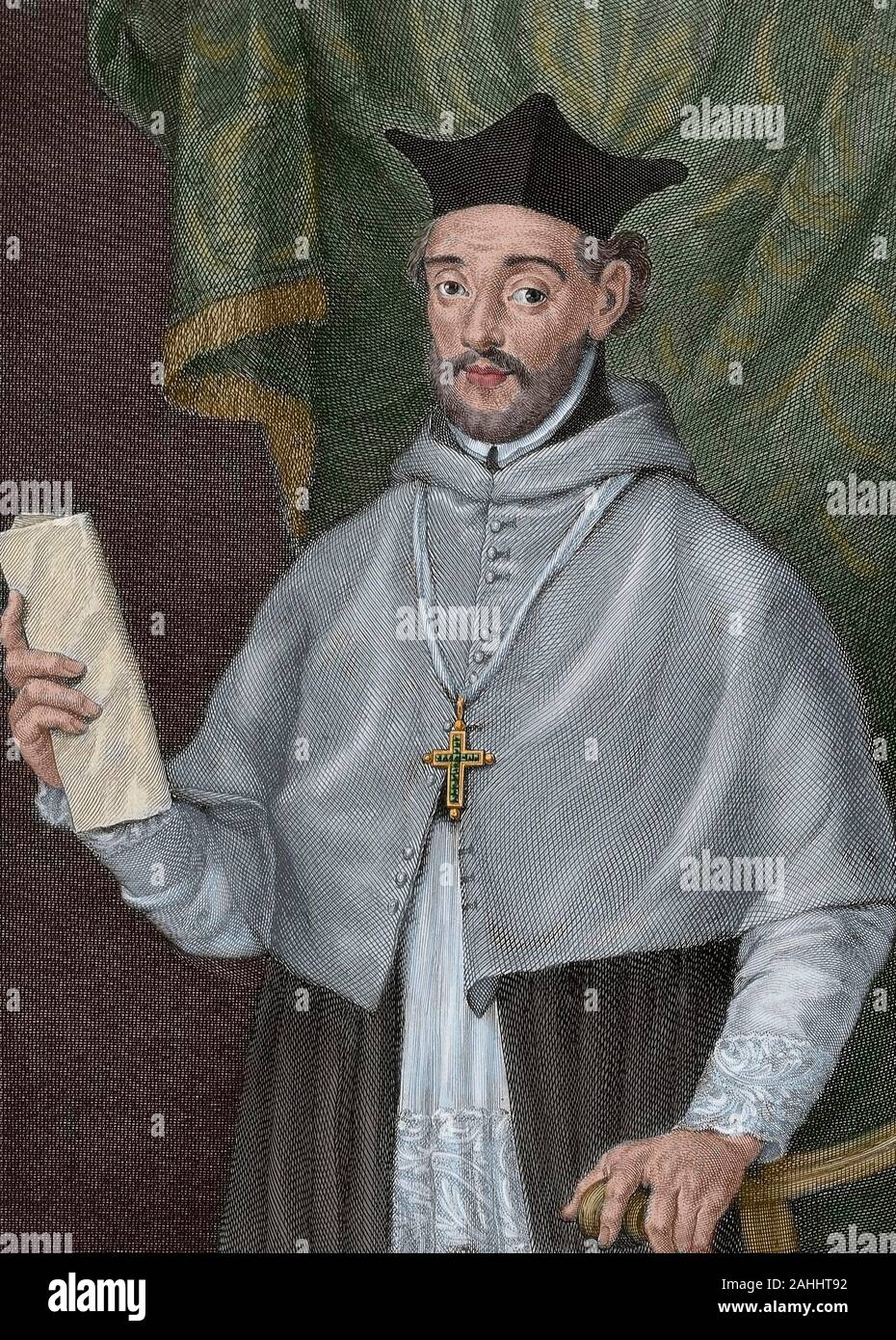 Diego de Covarrubias y Leiva (Toledo, 1512-Madrid, 1577). Spanish bishop, jurisconsult and monetarist. He was president of the Council of Castile and bishop of Segovia. He stood out his intervention at the Council of Trent, where he was commissioned to write the decrees 'de reformatione'. Engraving from 'Retratos de los españoles ilustres'. Drawing by Jose Maea (1760-1826). Engraving started by Luis Fernandez Noseret and finished by Manuel Salvador Carmona (1734-1820), 1794. Later colouration. Stock Photo