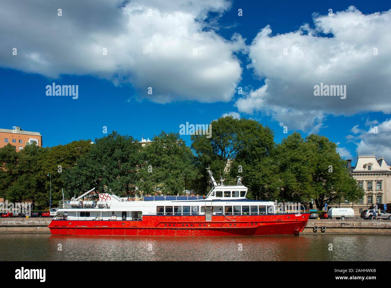 Old town hall and buildings on the banks of the River Aura in Turku Finland. Stock Photo