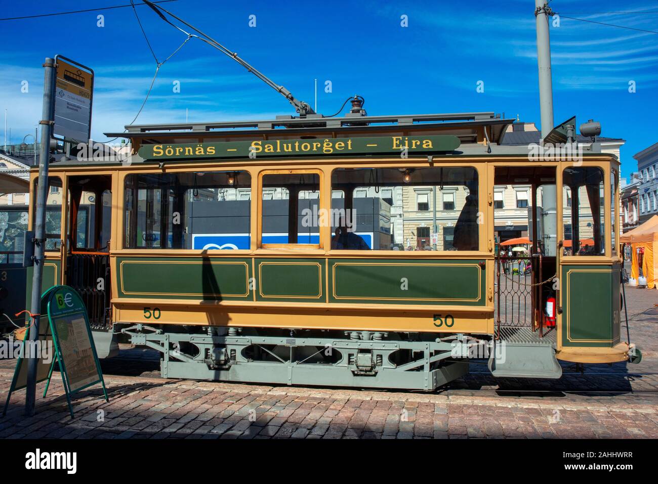 Old fashioned historical tram, Kauppatori, main market square, Helsinki, Finland, Europe Stock Photo