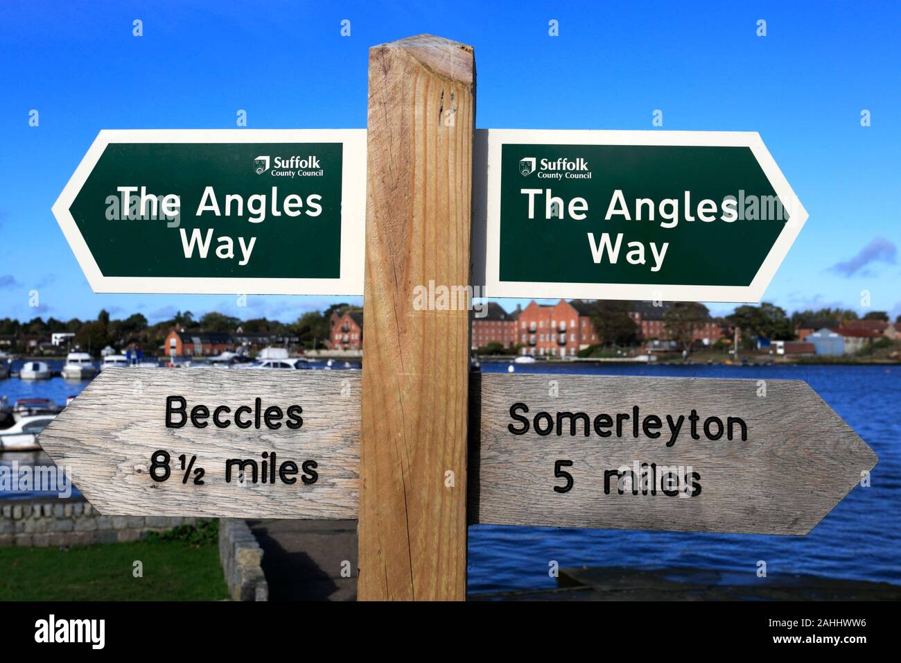 The Angles Way footpath sign, Oulton Broad, Lowestoft town, Suffolk county, England Stock Photo