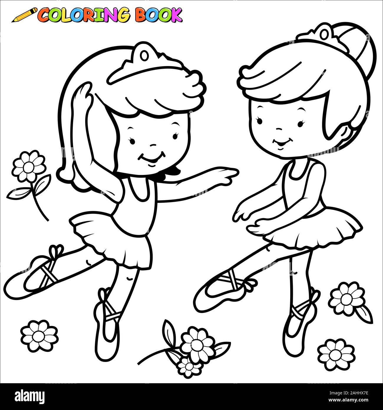 Ballerina girls dancing. Black and white coloring page Stock Photo