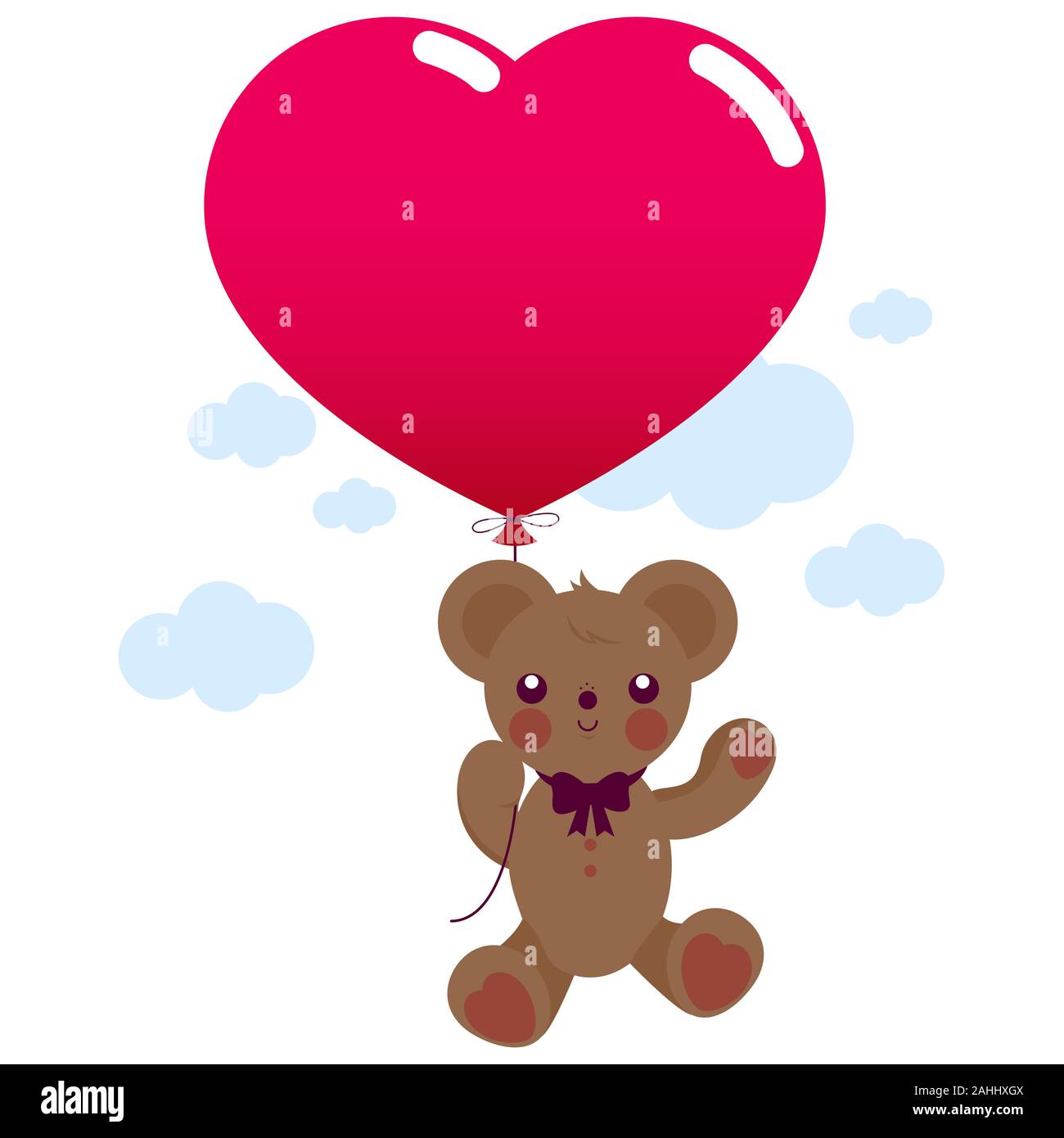 Cute teddy bear toy holding a red heart shaped balloon. Brown baby bear ...