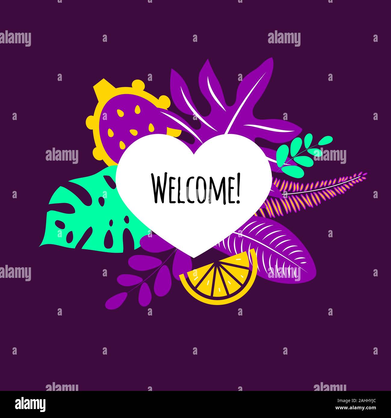Sale frame with tropical leaves, sale banner, heart with leaves, vector color illustration Stock Vector