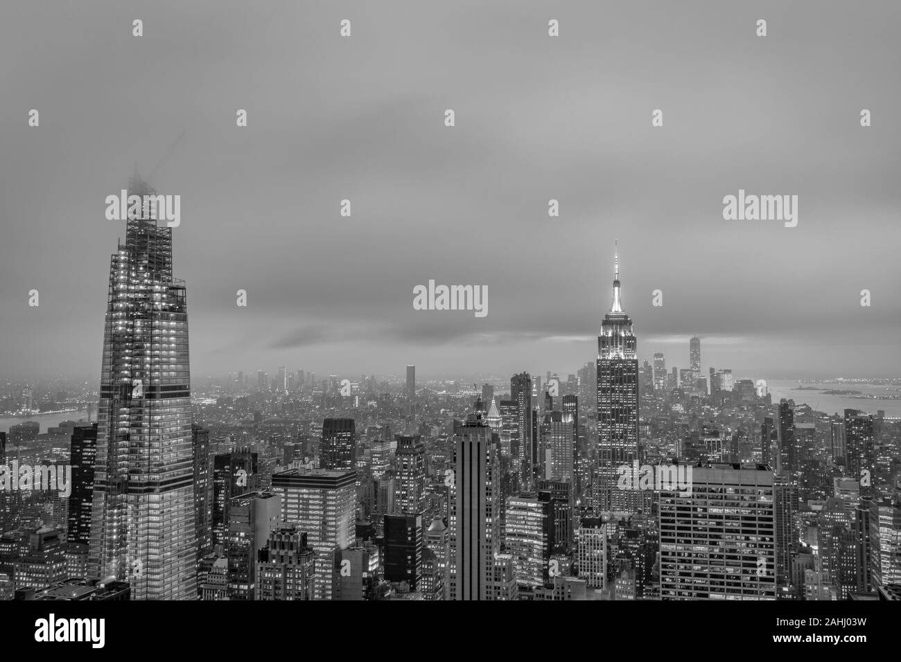 New York skyline  from Top of The Rock at sunset black and white image. Stock Photo