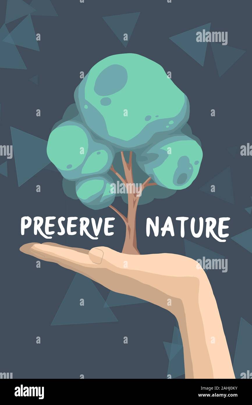 Climate change themed design with hand holding tree on dark background with text saying 'Preserve nature' Stock Photo