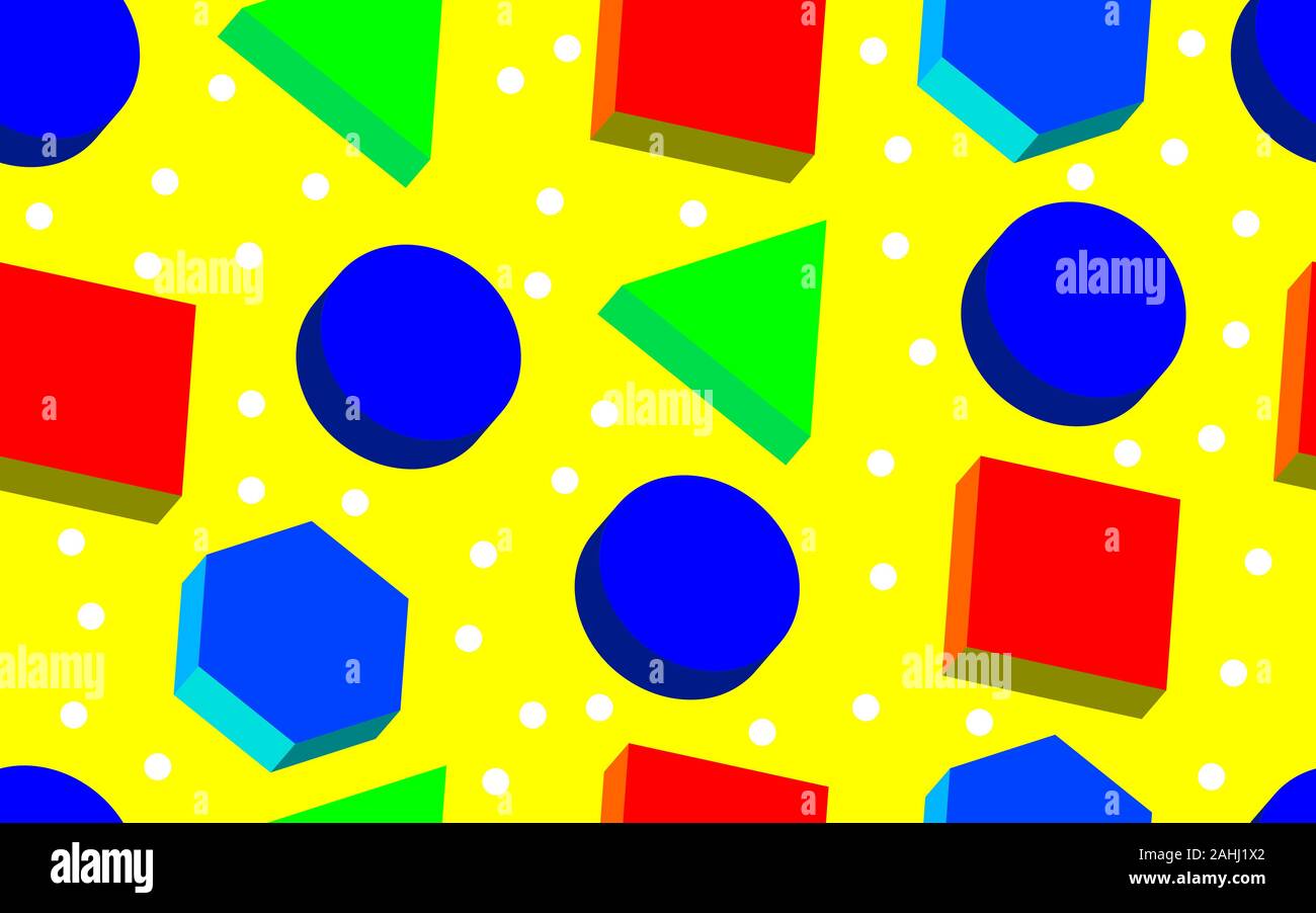 Seamless geometric memphis 3D pattern, vector background in 80s style, abstract shapes Stock Vector
