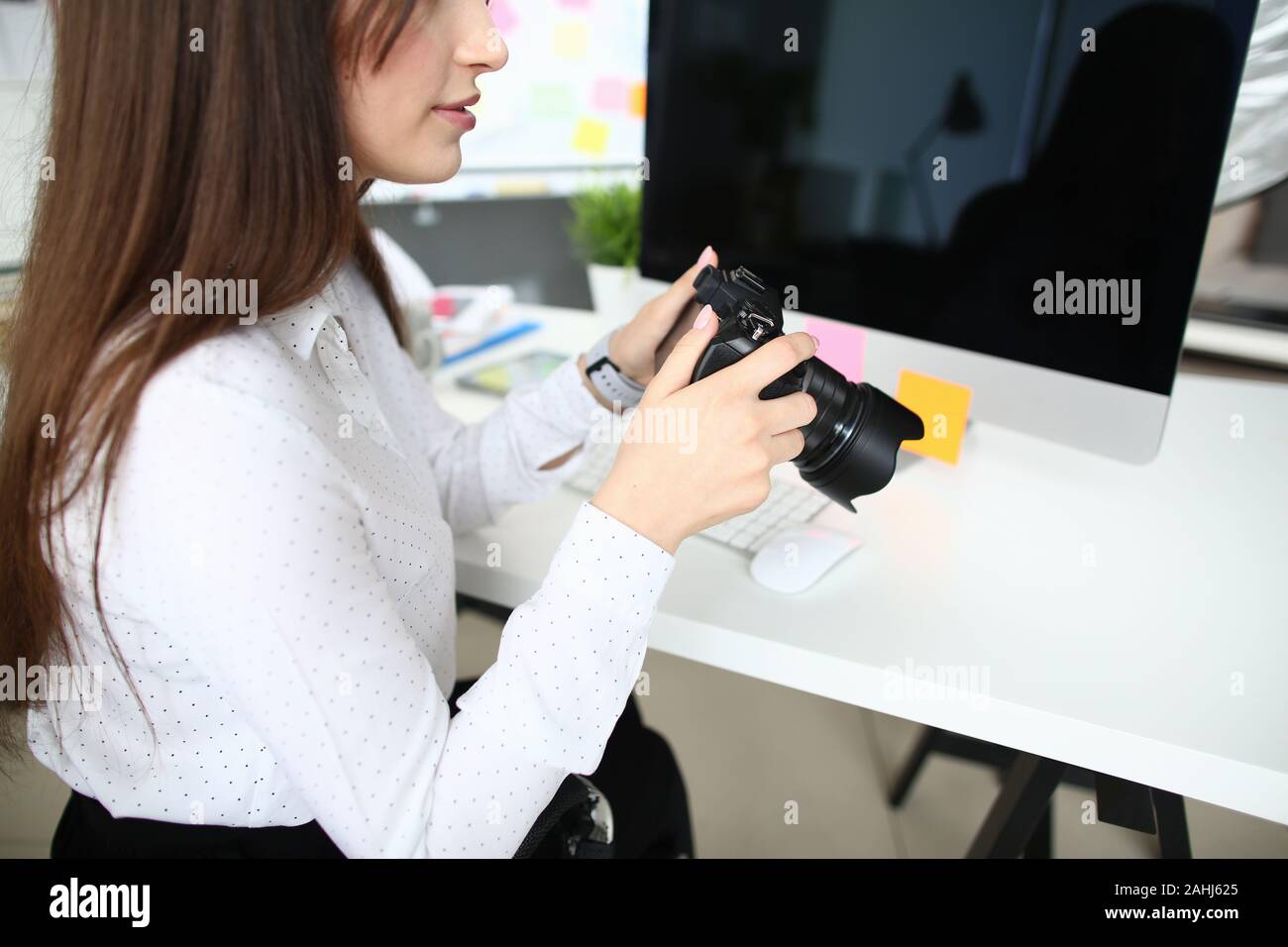 Pretty successful lady and technology Stock Photo