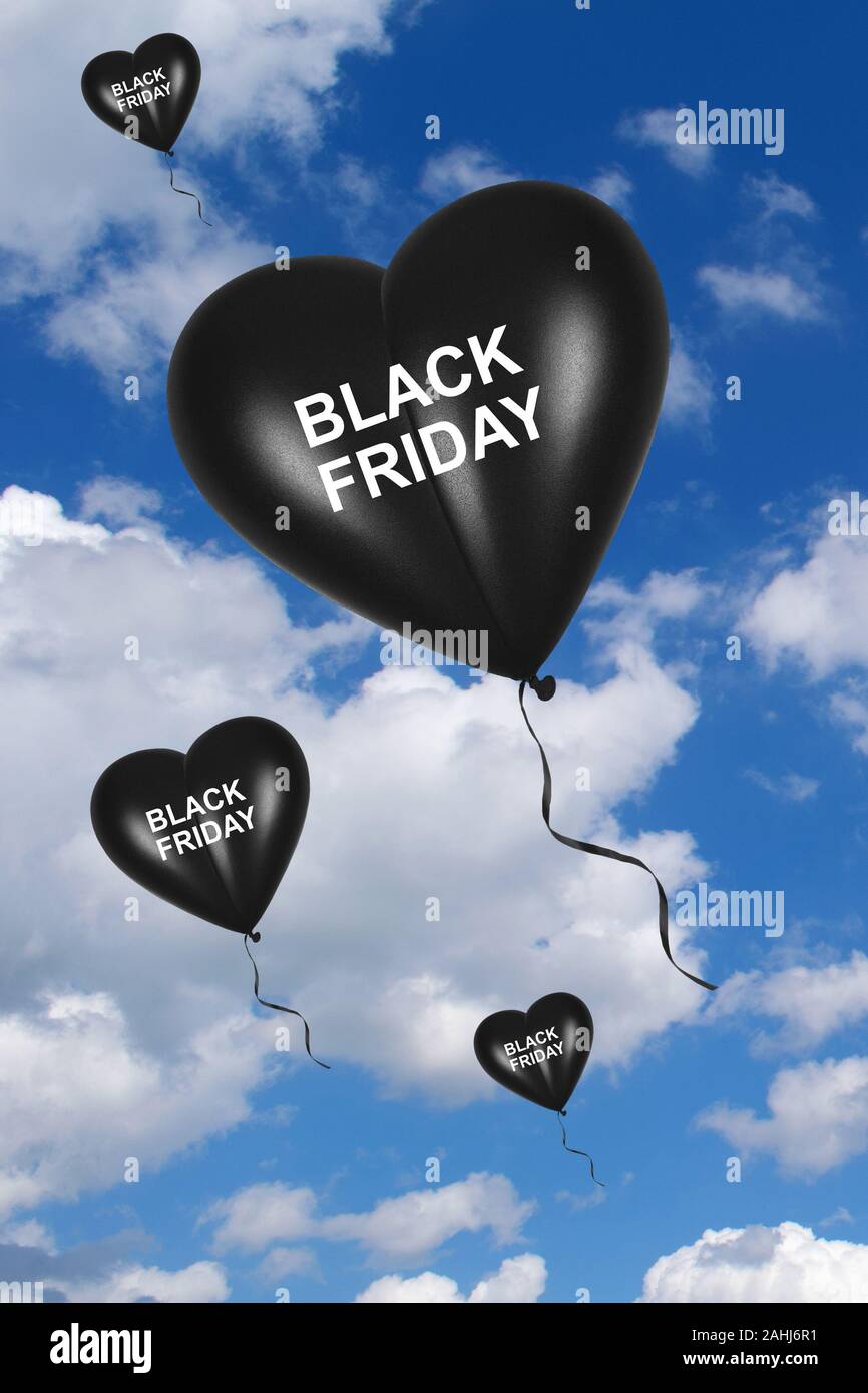 Luftballon, Herzluftballon, Schwarze Herzluftballons, Black Friday, Explosive Preise, Symbolbilder, Rabatte, Sonderverkauf, Wolkenhimmel, Stock Photo