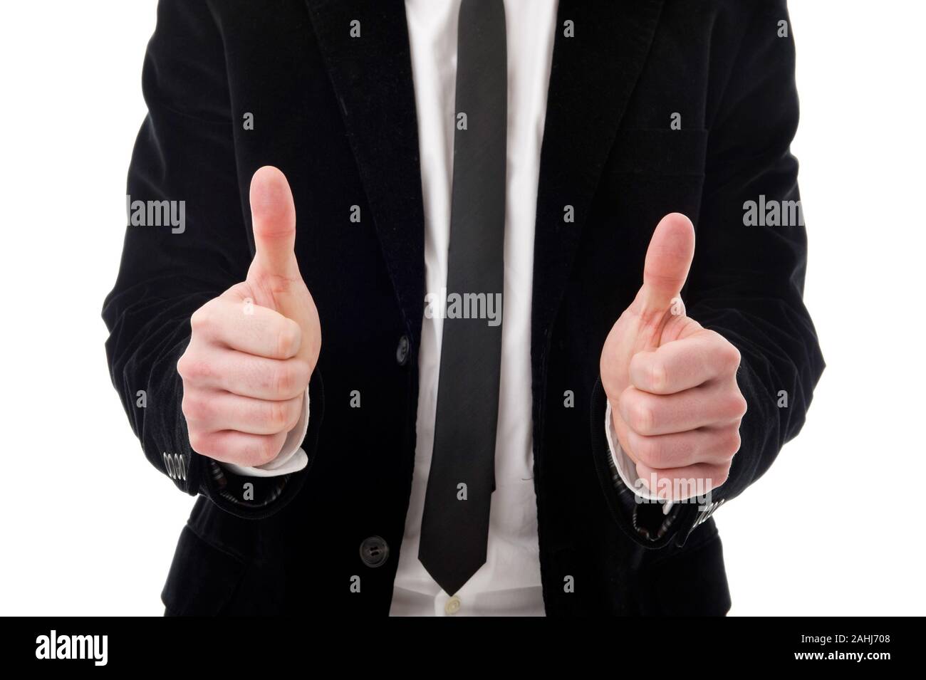 Geschäftsmann, 35 Jahre, mit erhobenen Daumen, Geste, MR:YES Stock Photo