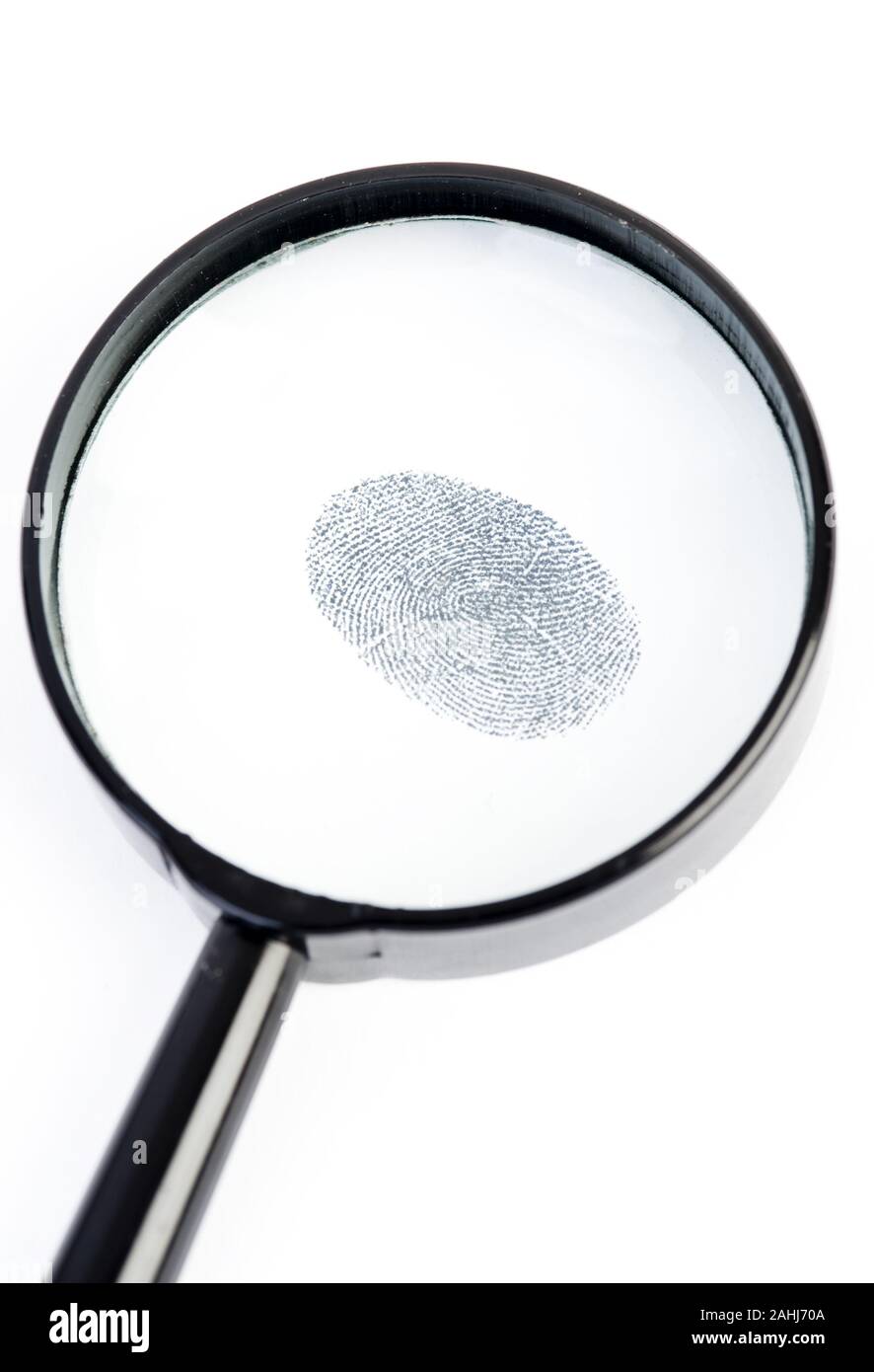 Fingerabdruck wird durch eine Lupe betrachtet, Stock Photo