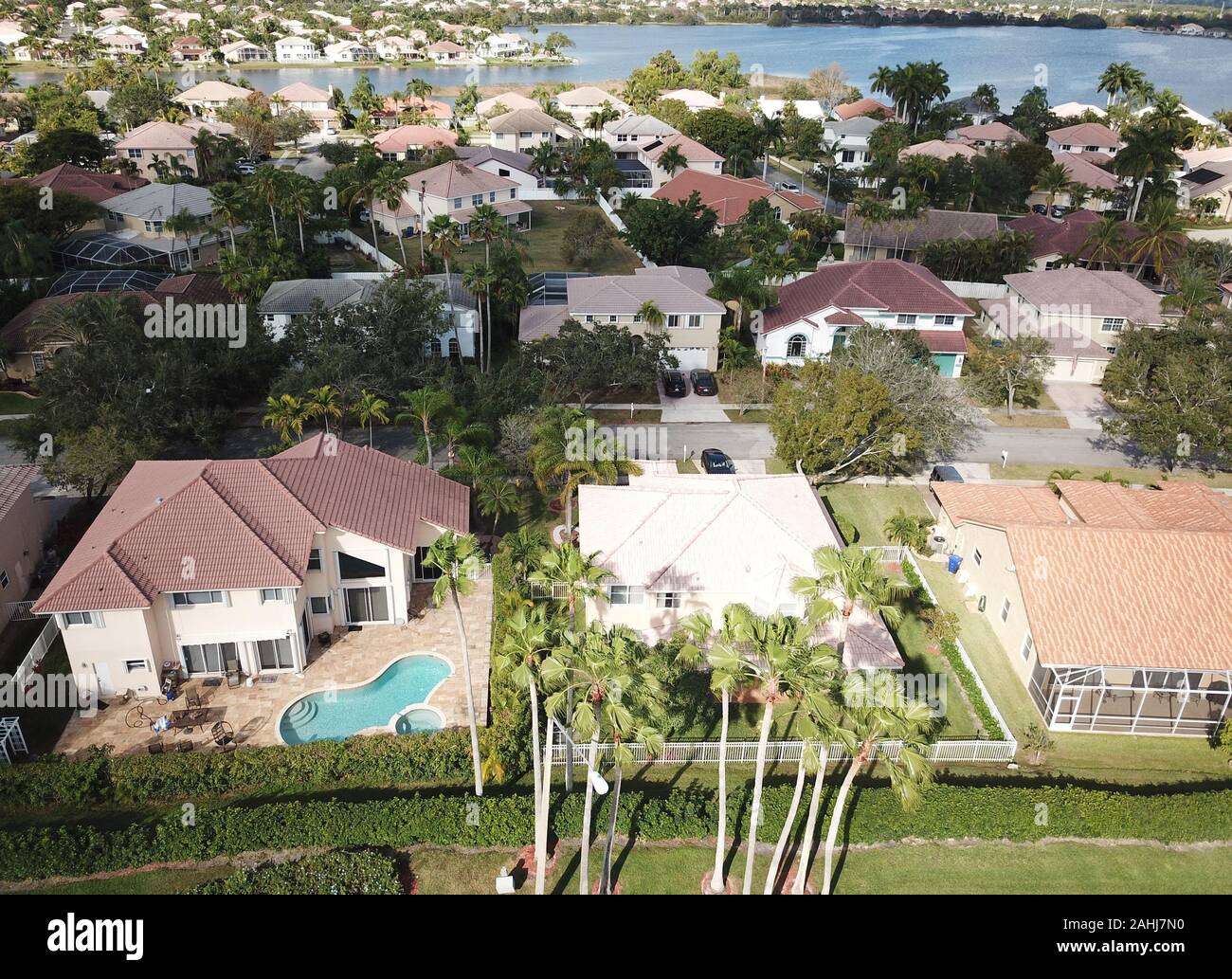Middle class suburban residential neighborhood in Florida aerial view Stock Photo