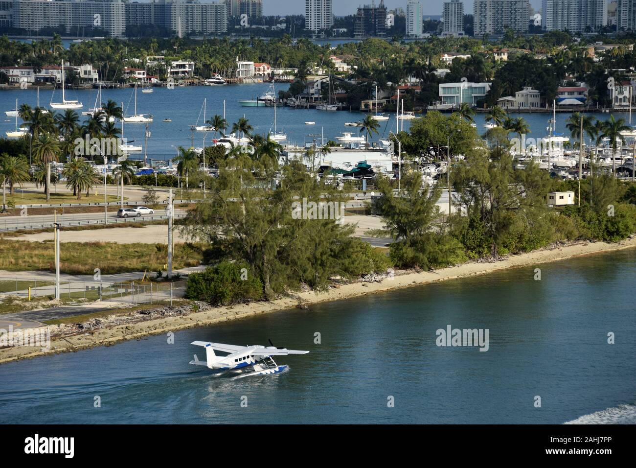 Seaplane departs from the waterways of Miami to the Caribbean Stock Photo