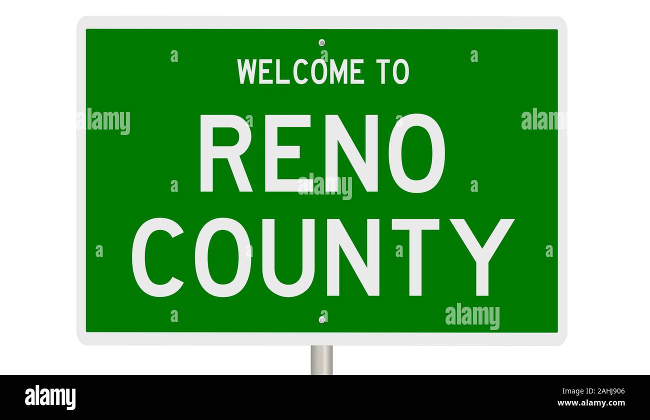 Rendering of a green 3d highway sign for Reno County Stock Photo