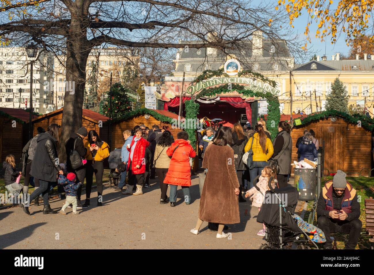 Outdoor Christmas Market on sunny day in Sofia Bulgaria, Eastern Europe
