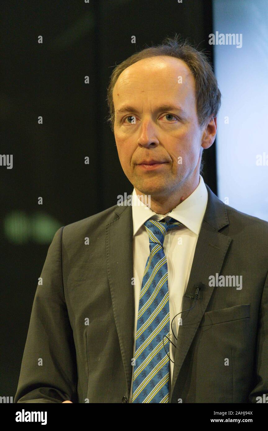 Mr Jussi Halla-aho, Finnish MP and the Chairman of the Finns Party in a media-sponsored panel discussion of Finnish leaders of political parties. Stock Photo