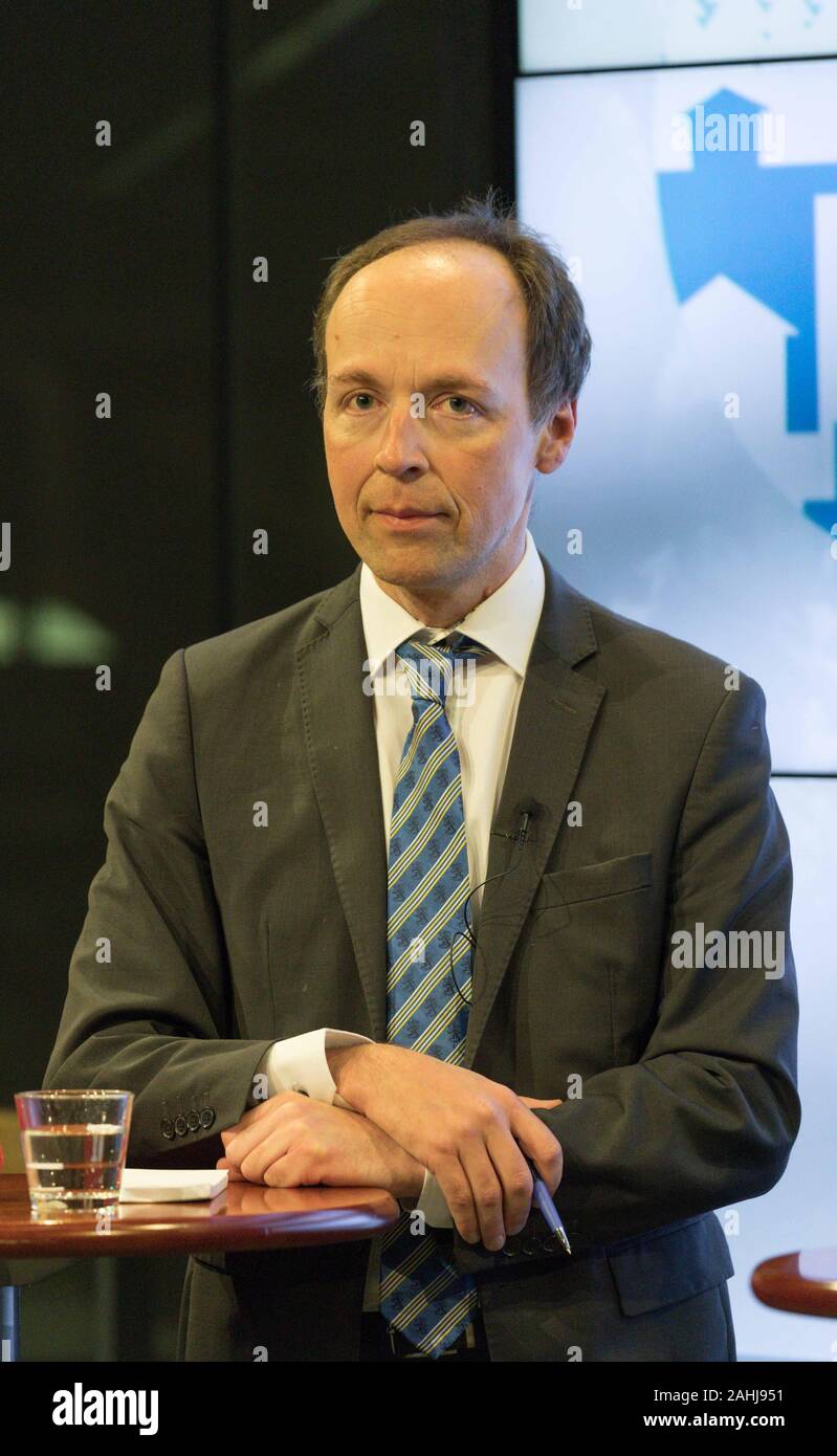 Mr Jussi Halla-aho, Finnish MP and the Chairman of the Finns Party in a media-sponsored panel discussion of Finnish leaders of political parties. Stock Photo