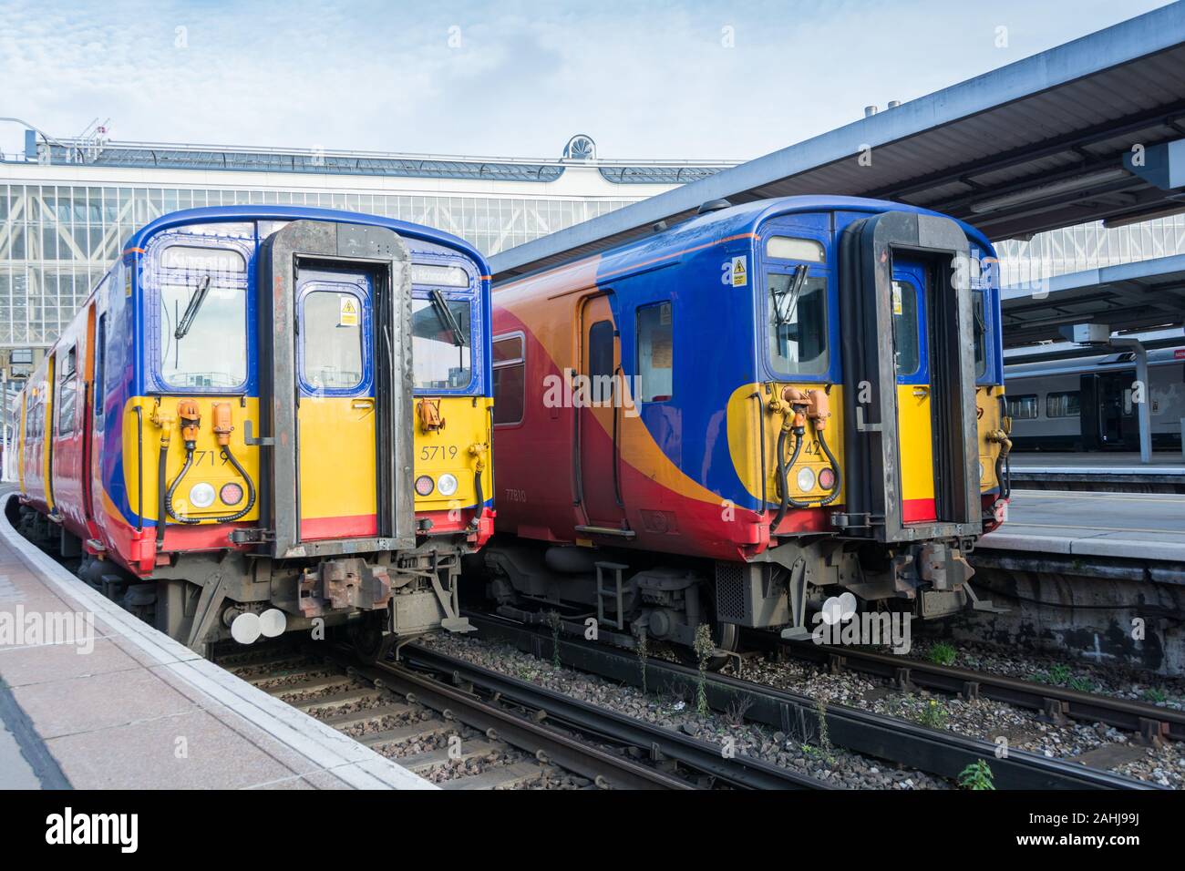 A Class 455 suburban unit waiting to depart from London Waterloo station, Stock Photo