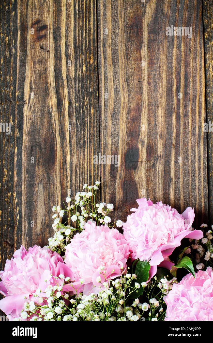 Pink Peonies and Baby's Breath flowers over a rustic wood table background  with copy space for your text. Flat lay. Stock Photo