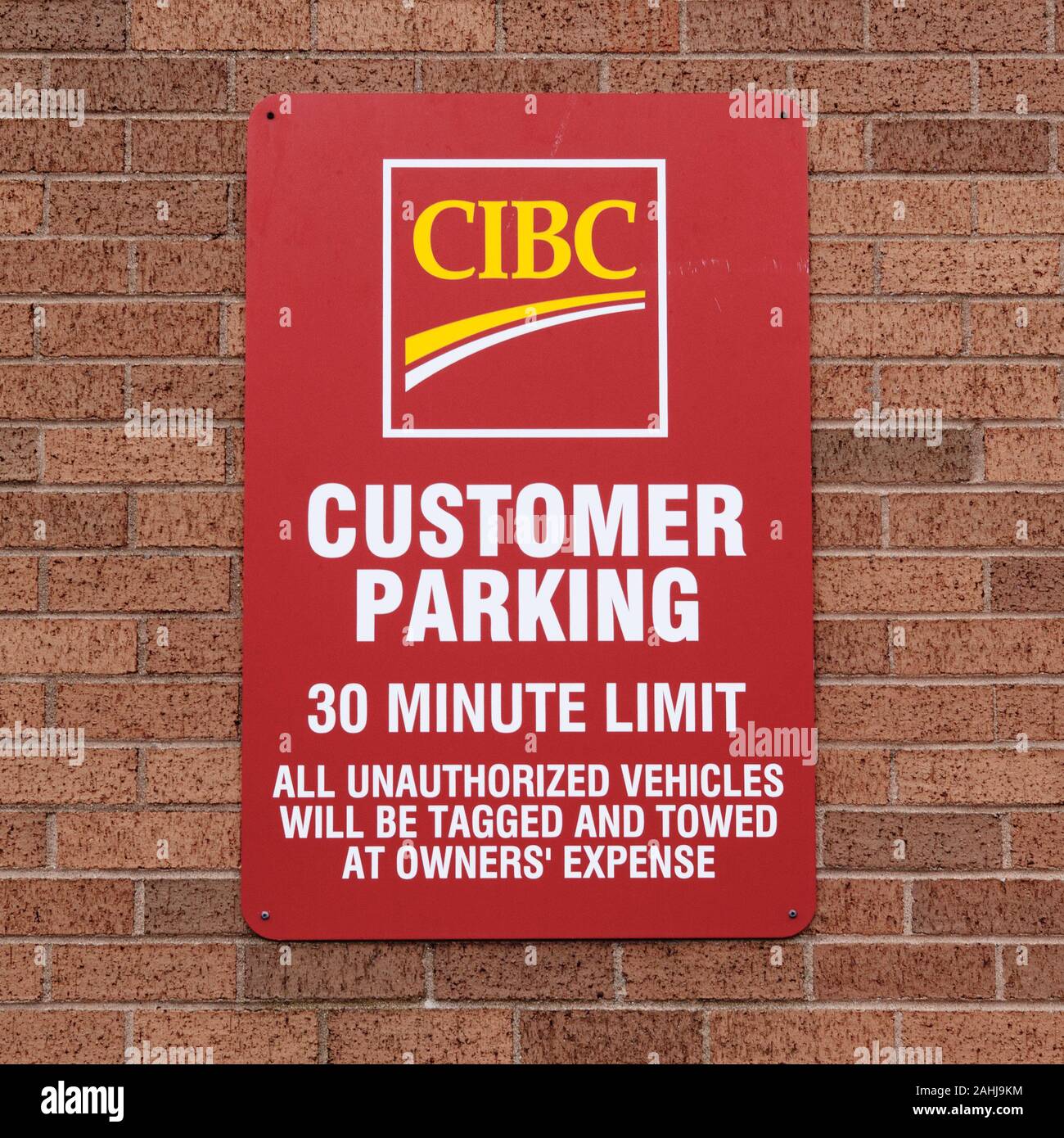 Truro, Canada - December 29, 2019: CIBC customer parking sign. The Canadian Imperial Bank of Commerce or CIBC, is one of Canada's five biggest charter Stock Photo