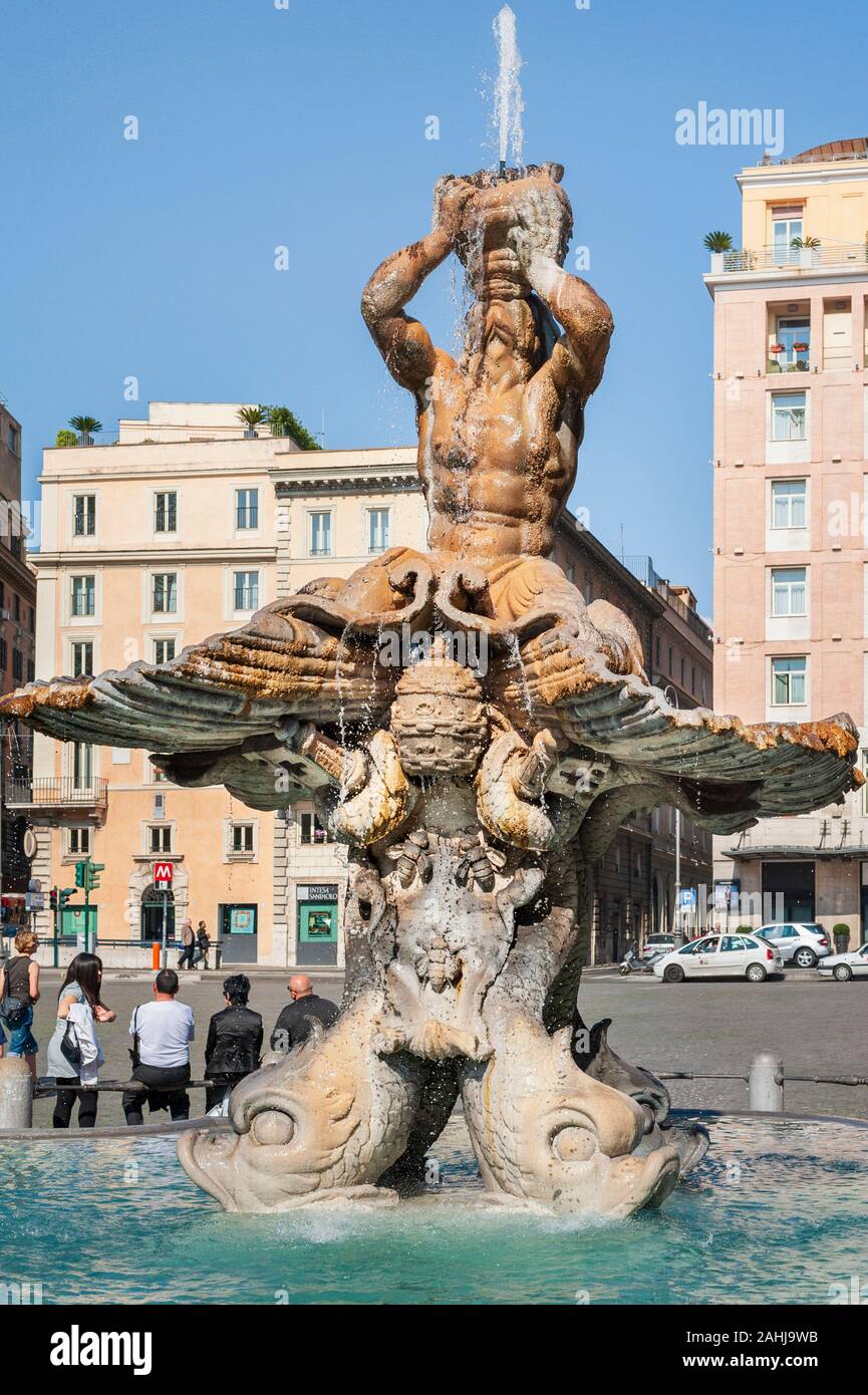 Fontana del Tritone, fountain and sculpture of Triton in the Piazza Barberini by Gian Lorenzo Bernini Stock Photo
