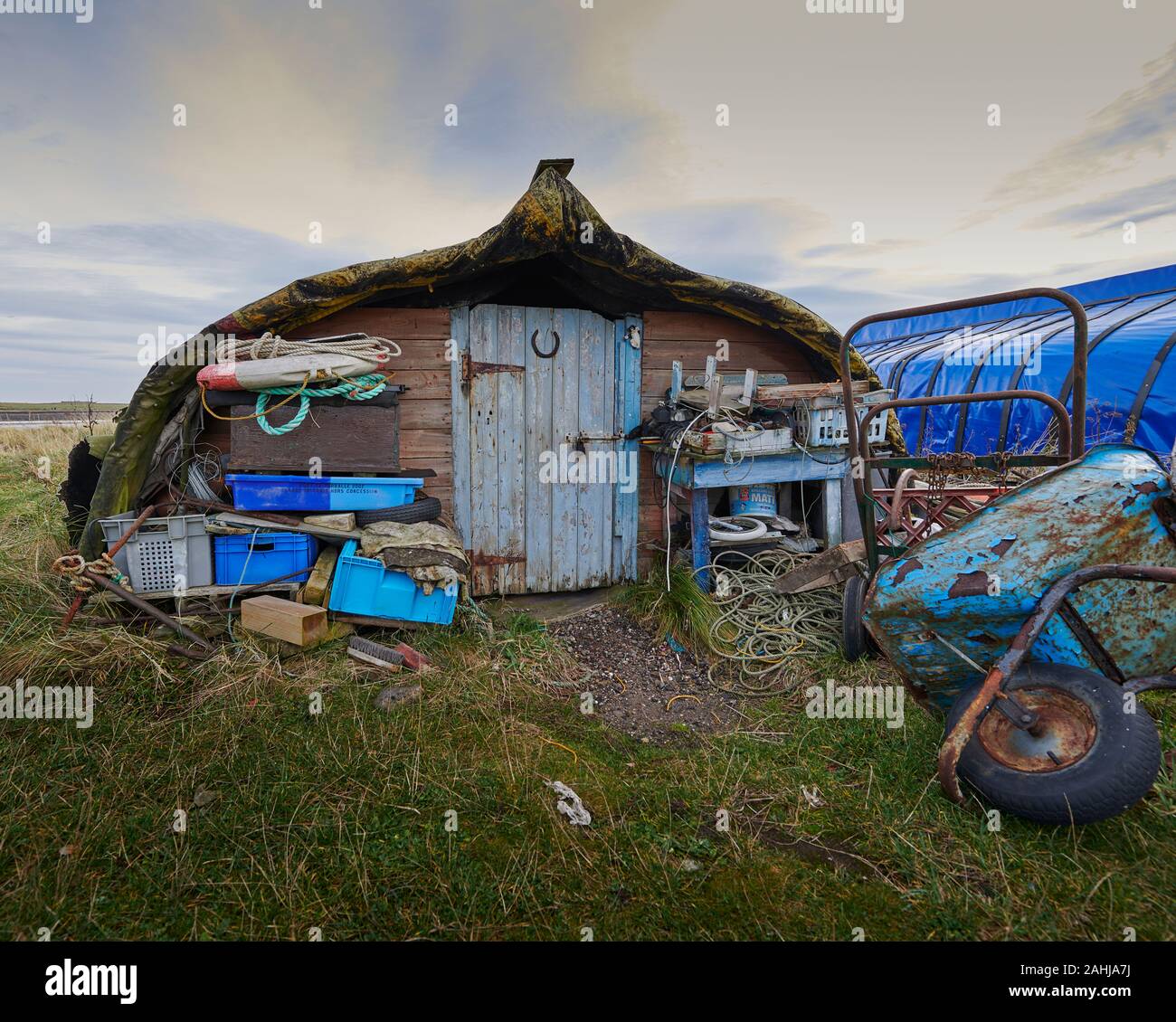 Upturned herring boats on the Island of Lindisfarne, Holy Island on the
