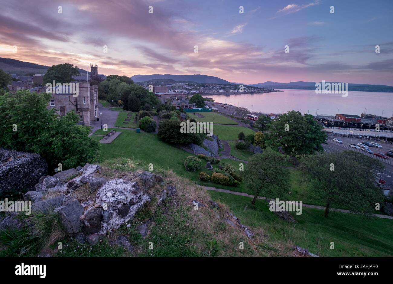 Sunset in Dunoon, looking across the town and Castle House Museum. Stock Photo