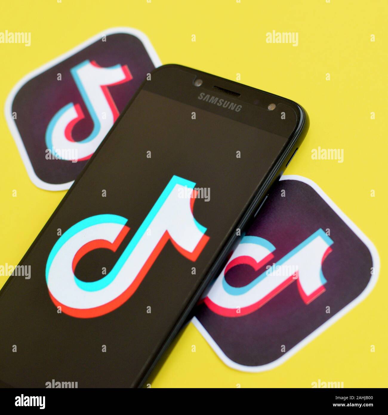 NY, USA DECEMBER 5, 2019 Tiktok logo on samsung smartphone screen on