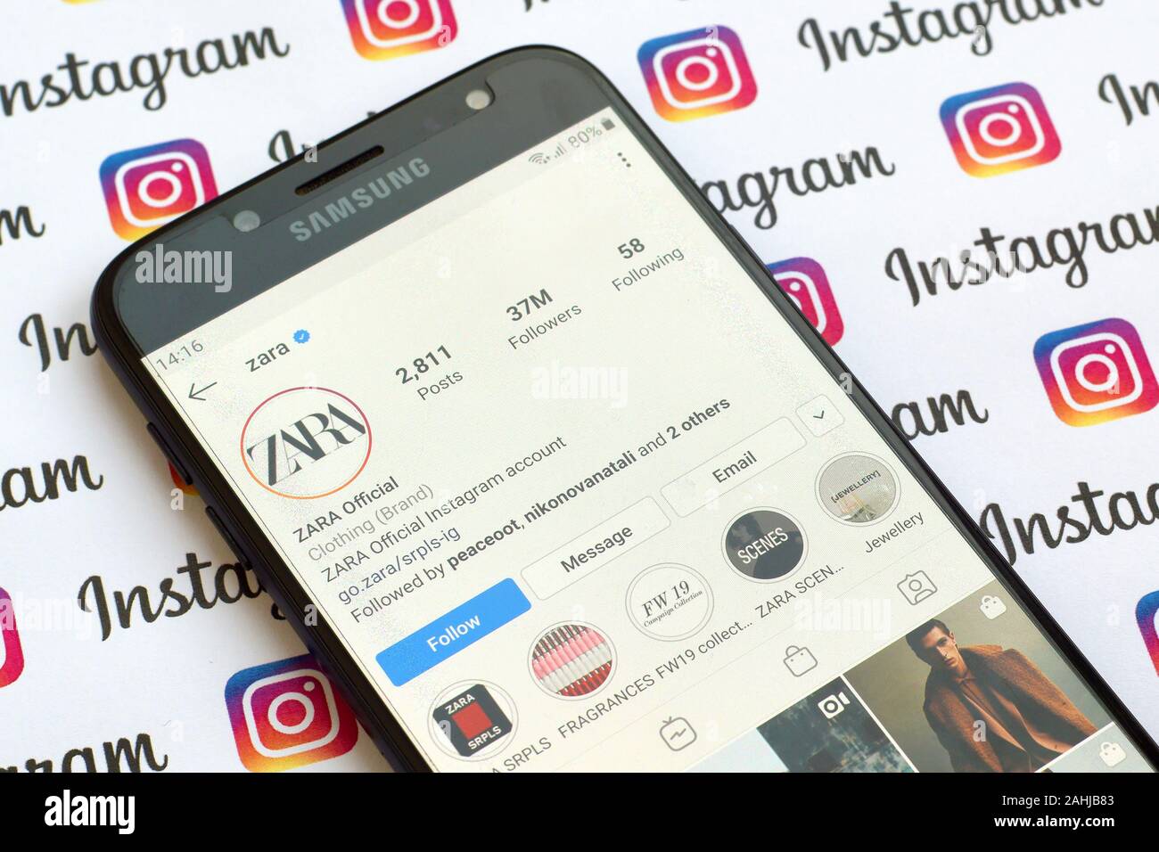 NY, USA - DECEMBER 4, 2019: Zara official instagram account on smartphone  screen on paper instagram banner Stock Photo - Alamy