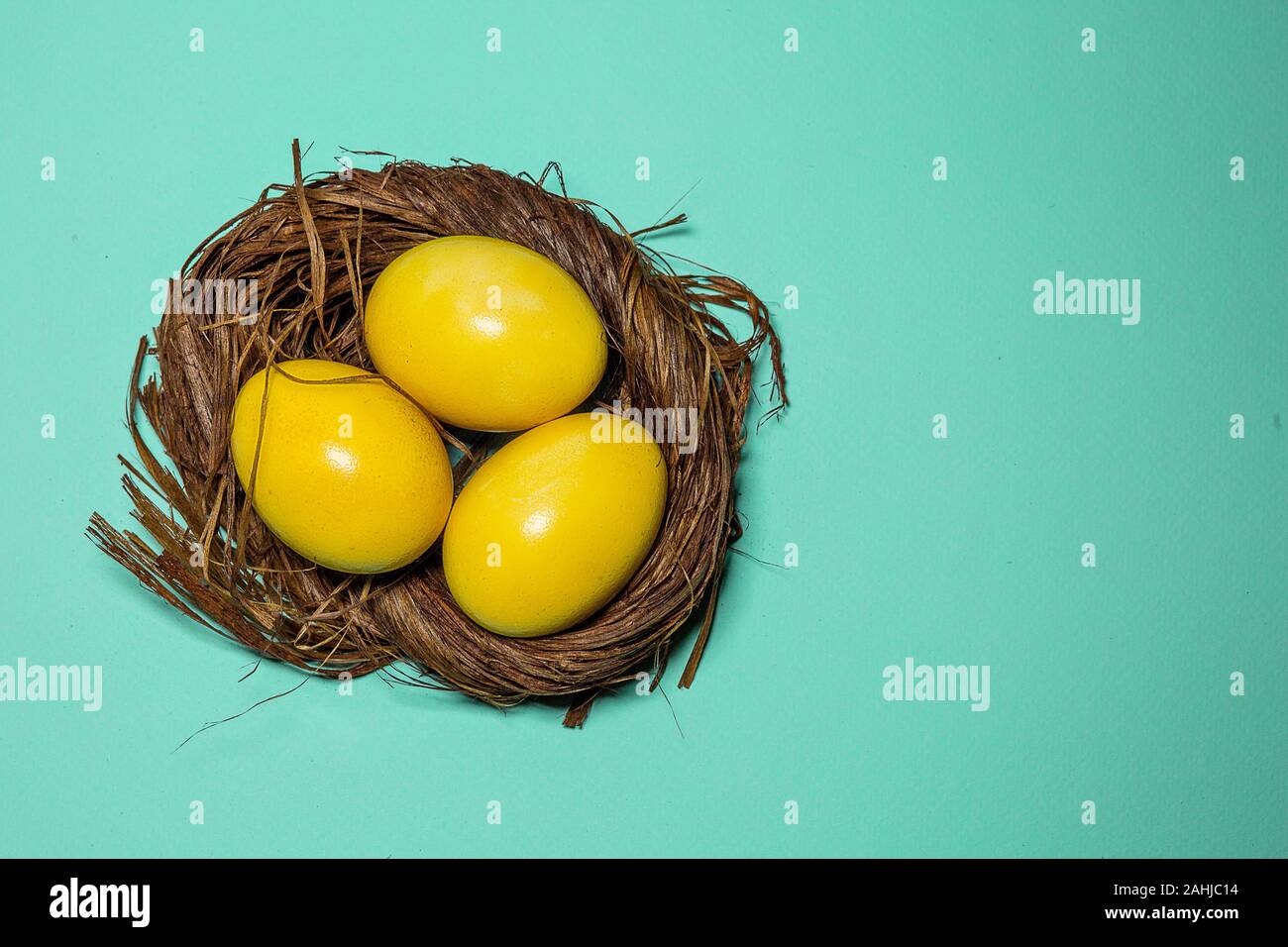 Multi-colored chicken eggs. Easter holiday. Spring. Decor Stock Photo