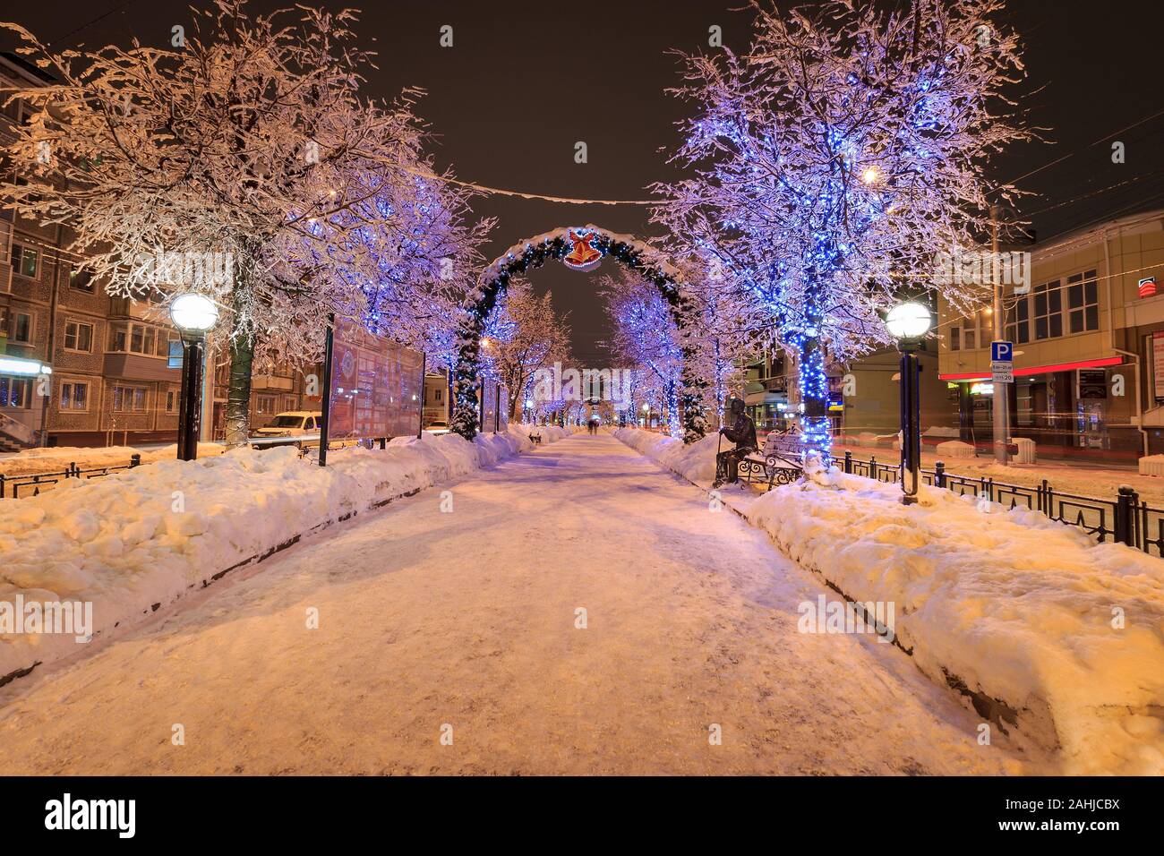 Walk of the city at night in winter. Alley with lights, trees, garlands ...