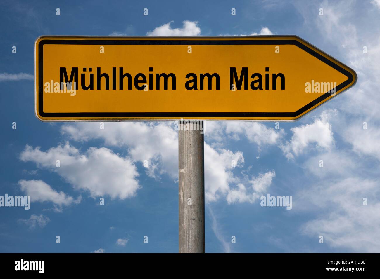 Detail photo of a signpost with the inscription Mühlheim am Main, Hesse, Germany, Europe Stock Photo