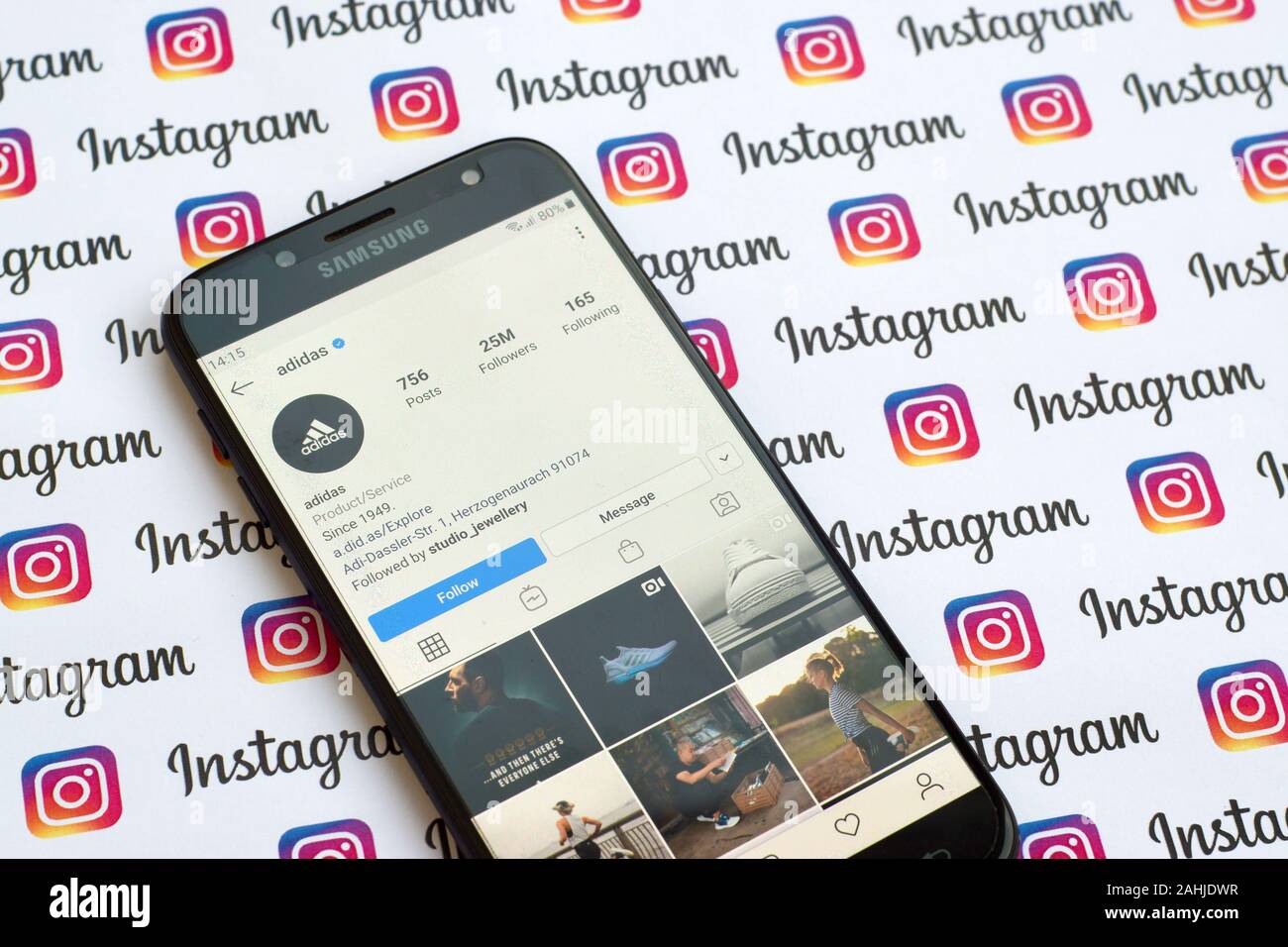NY, USA - DECEMBER 4, 2019: Adidas official instagram account on smartphone  screen on paper instagram banner Stock Photo - Alamy