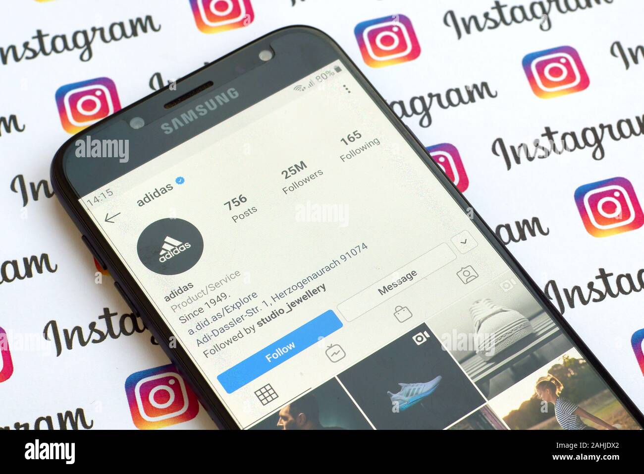 NY, USA - DECEMBER 4, 2019: Adidas official instagram account on smartphone  screen on paper instagram banner Stock Photo - Alamy