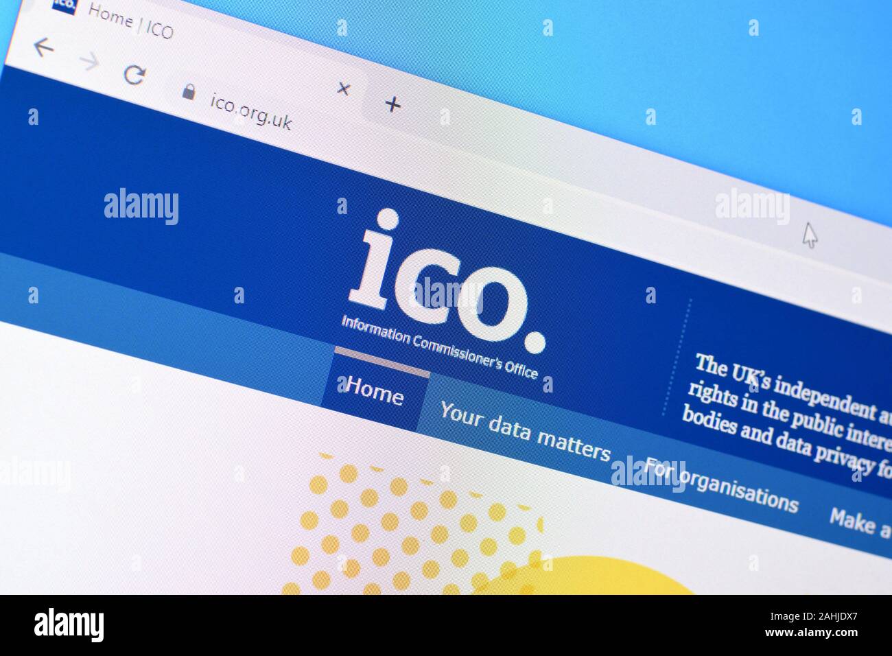 NY, USA - DECEMBER 16, 2019: Homepage of ico org website on the display of PC, url - ico.org.uk. Stock Photo