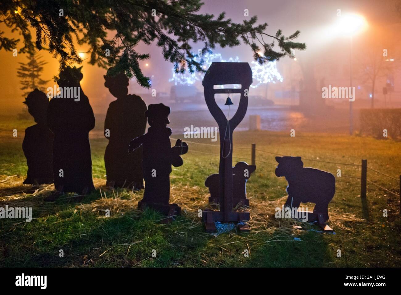 Nativity scene. Christmas time at night. Stock Photo