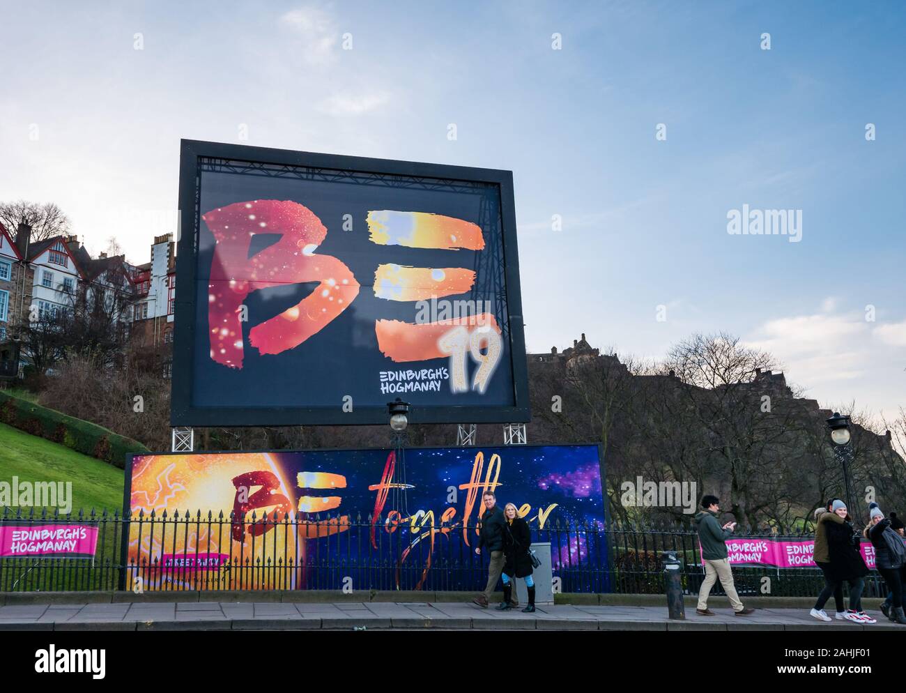 Hogmanay street party sign with 2019 slogan Be Together, The Mound, Edinburgh, Scotland, UK Stock Photo