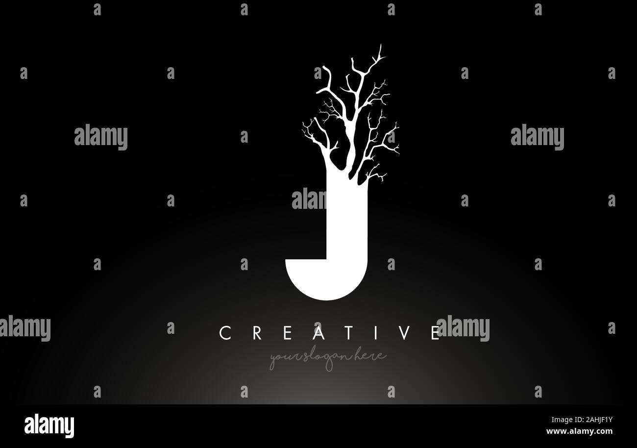 Letter J Design Logo with Creative Tree Branch. J Letter Tree Icon Logo  Vector Illustration. Stock Vector