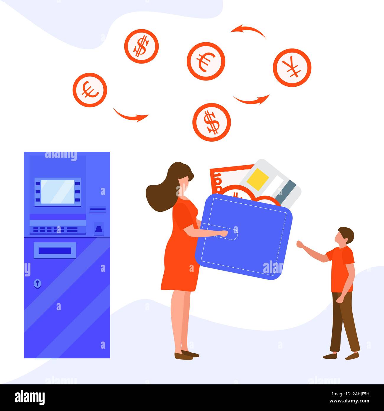 Vector illustration People with wallet, bank card, money bill near ATM