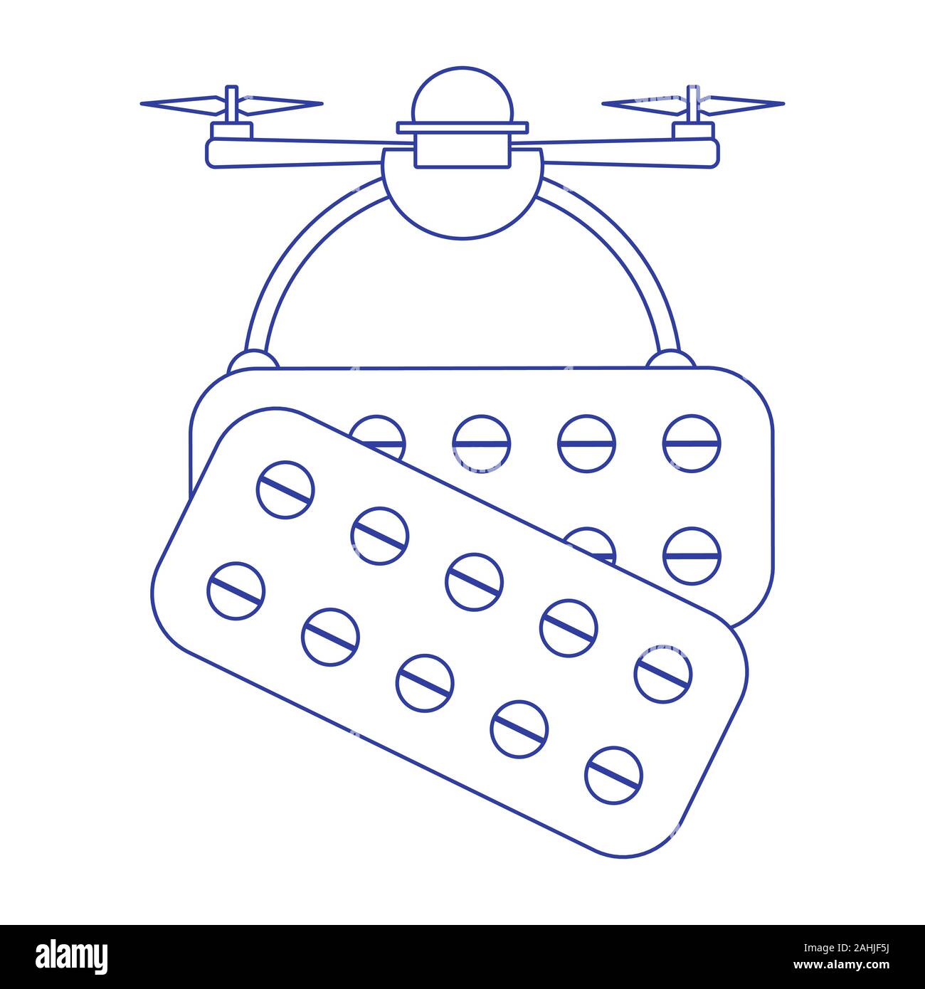 Vector illustration Drone carries pills on white background Drone flying through the air and delivers medicine Fast delivery to customer Future transp Stock Vector